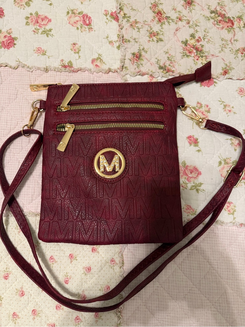 NWOT Burgundy Crossbody Bag with Gold Hardware.